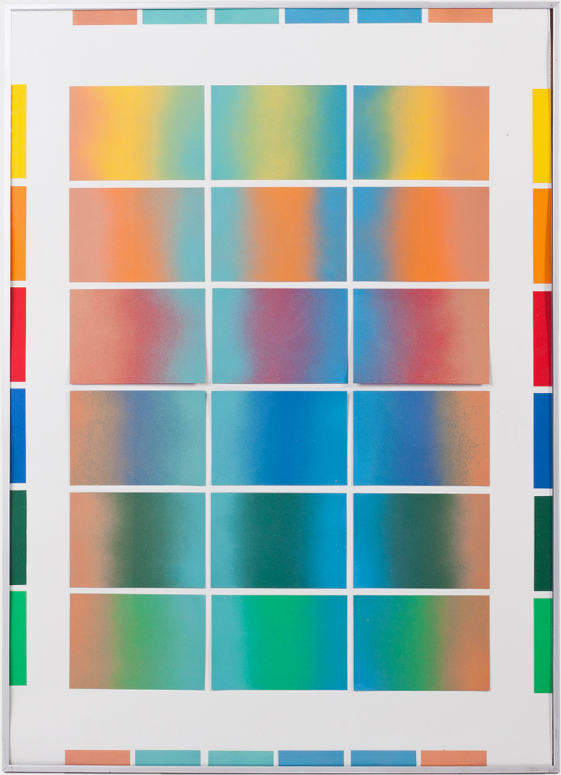 Systematik gesprühter Farbverläufe auf sechs verschiedenfarbenen Papieren. Von Alix Stria.