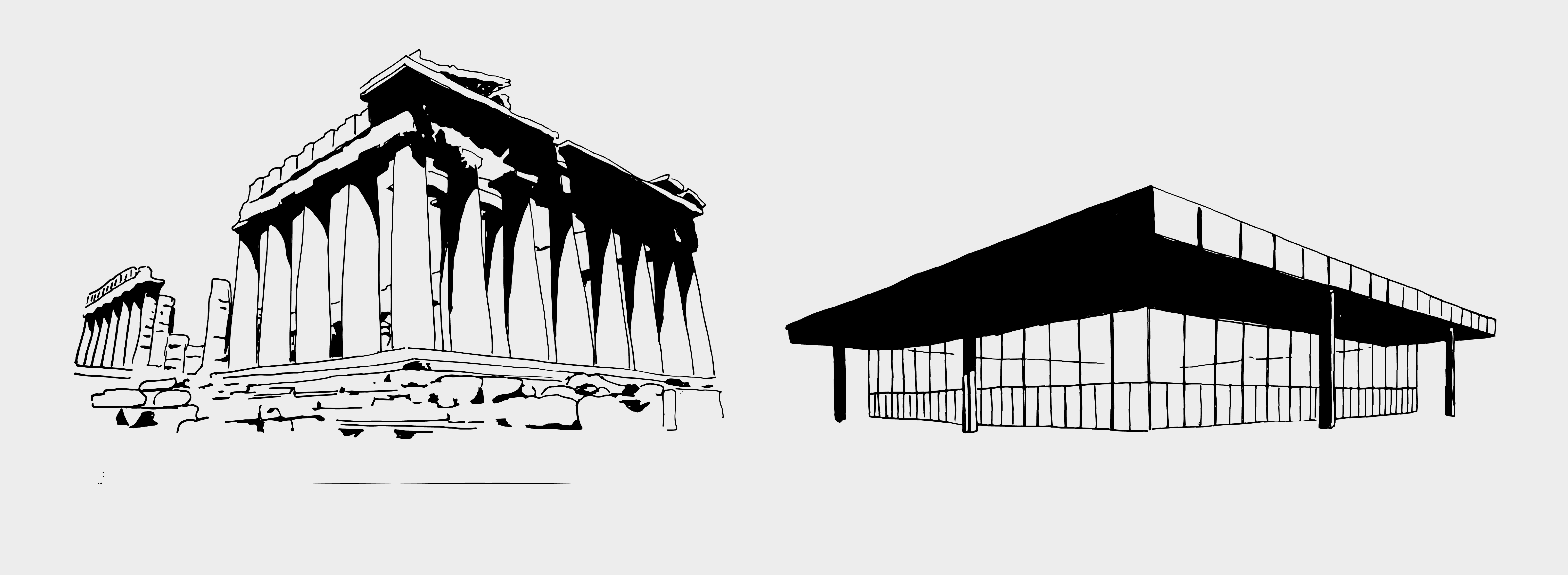 Parthenon Athen, 447 v. Chr. – Ludwig Mies van der Rohe, Neue Nationalgalerie, Berlin, 1968